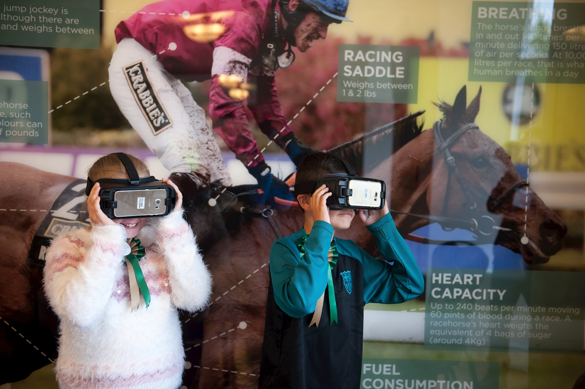 School children pictured using virtual reality headset which shows them what it